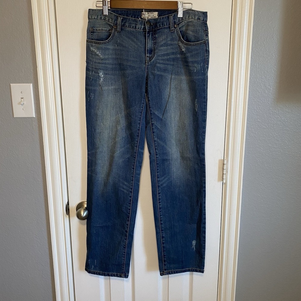 Free People Denim Jeans Women's‎ 28 Distressed Fray Raw Hem Straight Dark Wash